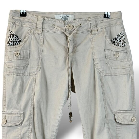 VTG American Rag Cargo Capri Pants Womens Size 9 Beige/Leopard Trim Roll-Tab Y2K - Picture 4 of 10
